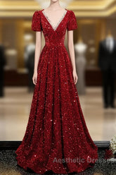Wine Red Sequins V-Neckline Short Sleeves Party Dresses, Wine Red Evening Dresses